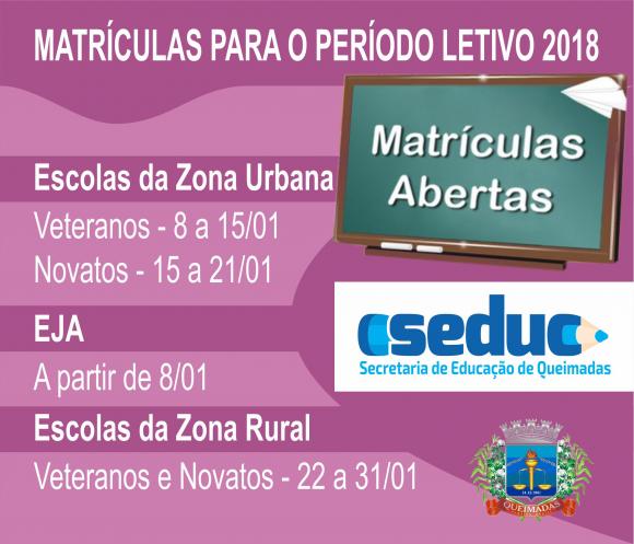 Seduc de Queimadas inicia período de matrículas para ano letivo 2018 nesta segunda-feira