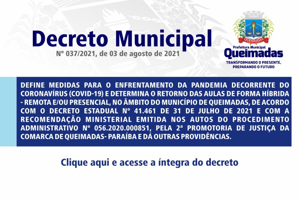 Prefeitura de Queimadas determina retorno das aulas presenciais na modalidade de ensino híbrido a partir de 09 de agosto