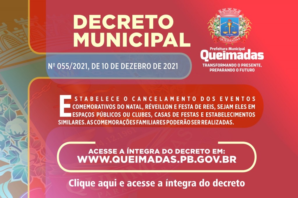 Prefeitura de Queimadas cancela a realização de eventos relacionados ao Natal, Ano Novo e Festa de Reis
