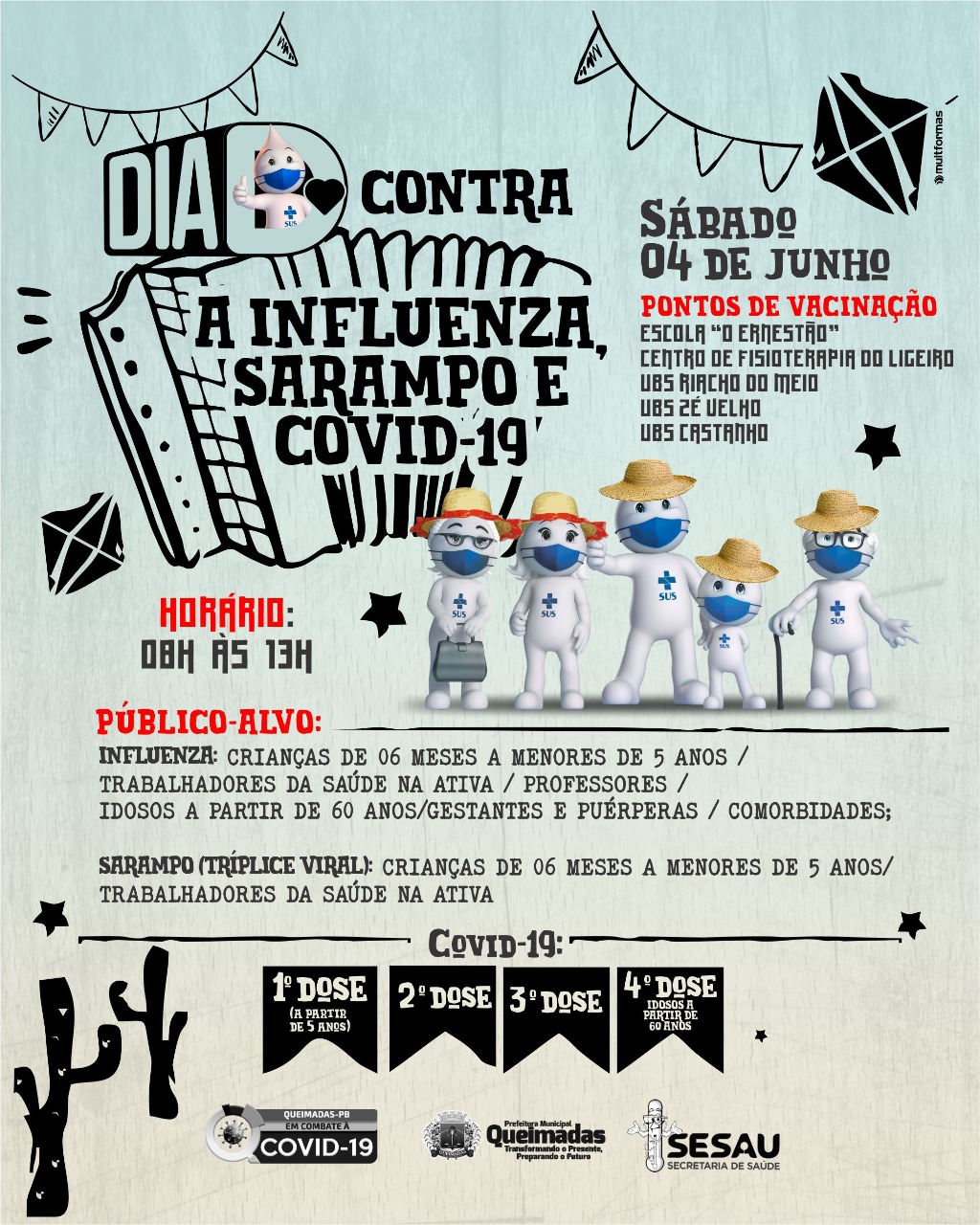 Queimadas terá Dia D de vacinação contra a influenza, sarampo e covid-19 no próximo sábado