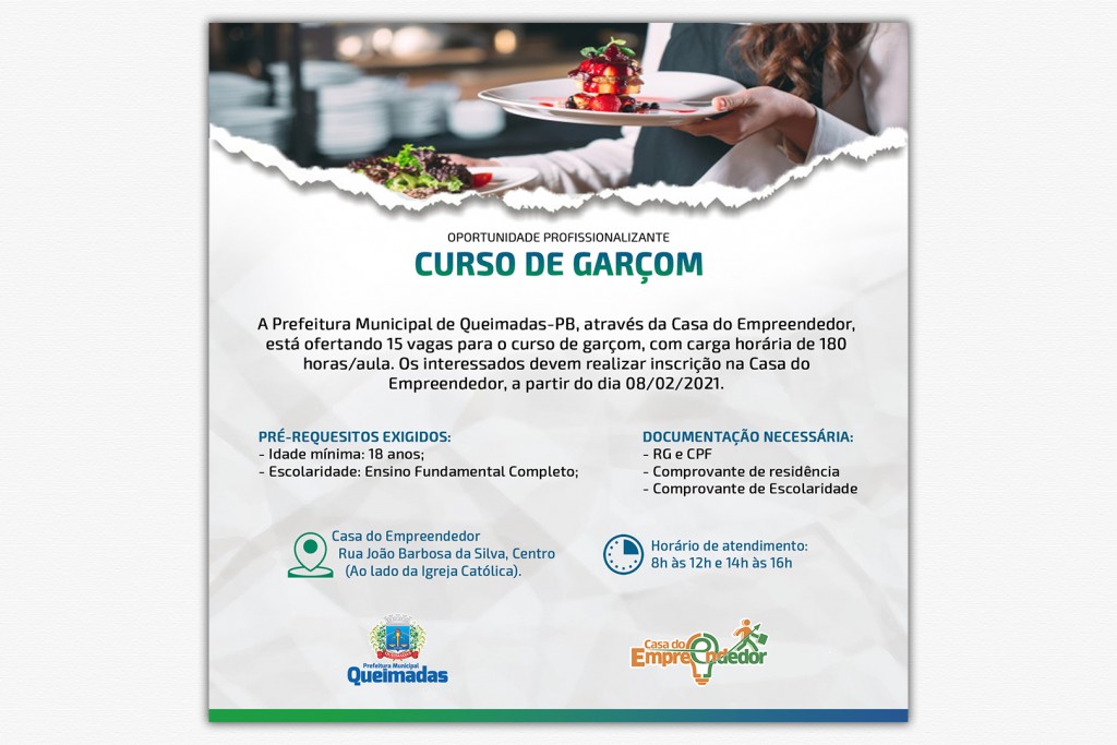Prefeitura de Queimadas oferta vagas para curso de garçom