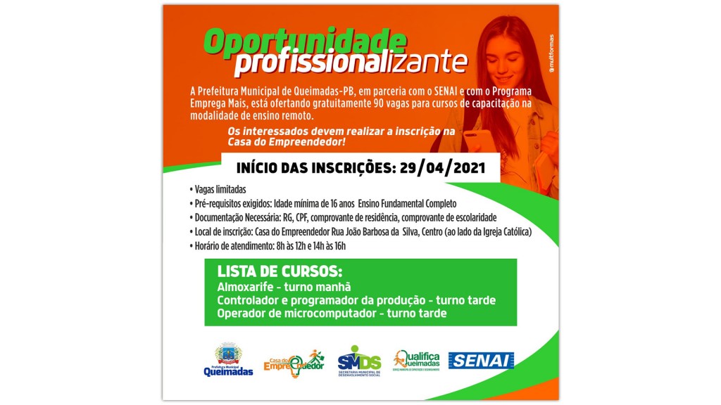 Prefeitura de Queimadas e SENAI ofertam vagas para cursos profissionalizantes