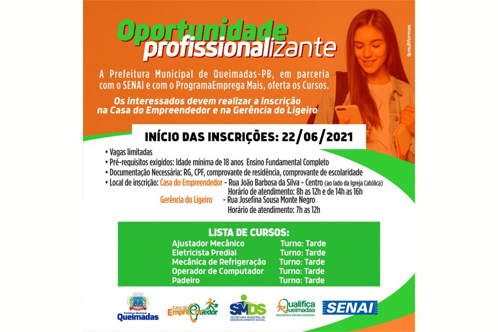 Mais cursos: Prefeitura de Queimadas oferta vagas para capacitação profissional