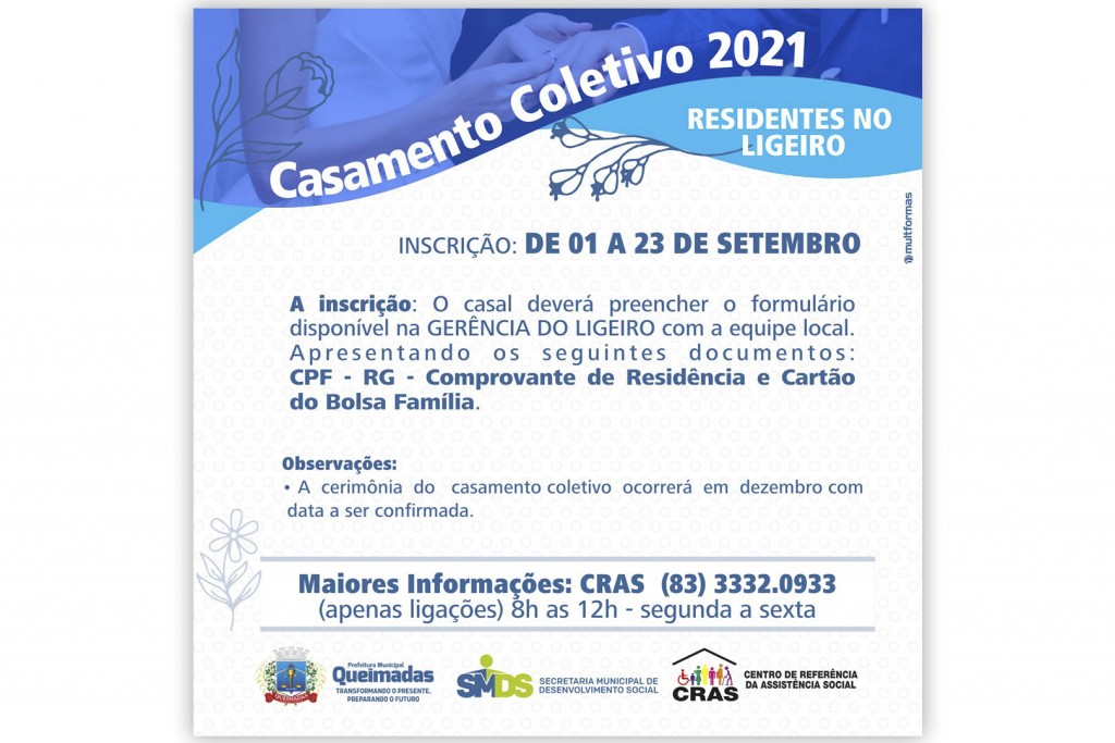 Prefeitura de Queimadas abre novas inscrições do Casamento Coletivo para casais residentes no bairro do Ligeiro