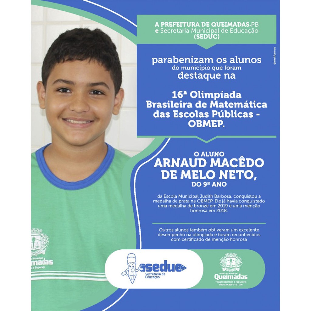 Prefeitura de Queimadas parabeniza alunos premiados na Olimpíada Brasileira de Matemática