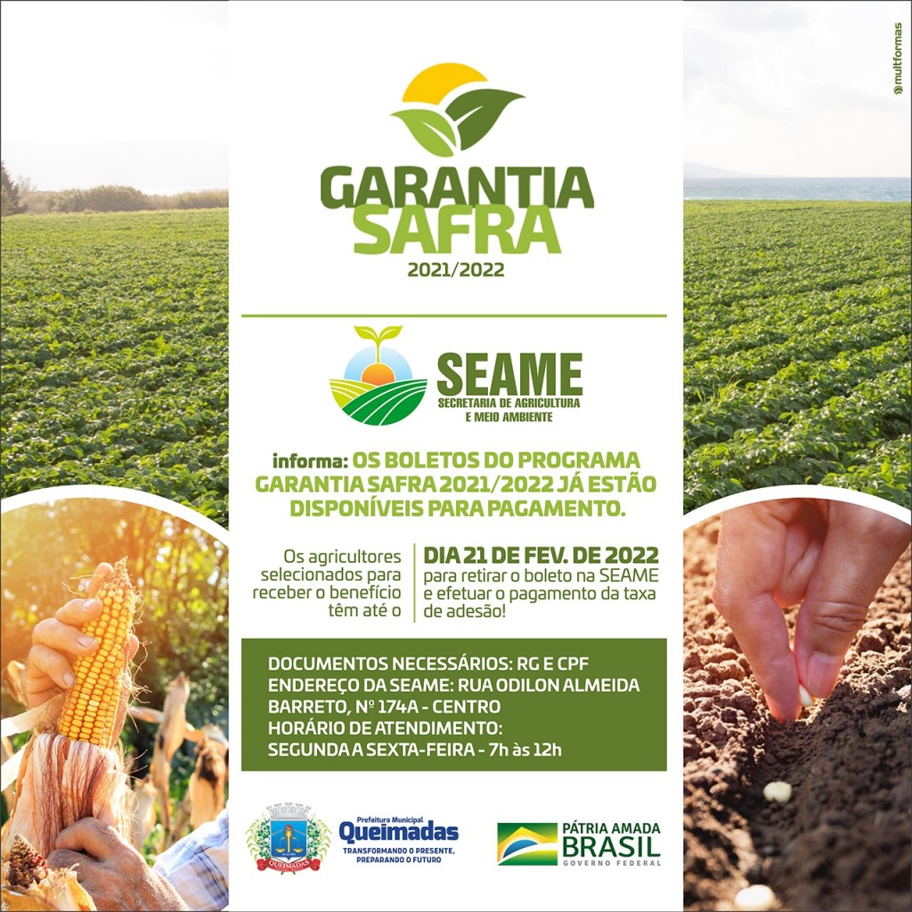 Boletos do Garantia Safra 2021/2022 já estão disponíveis na Secretaria de Agricultura e Meio Ambiente